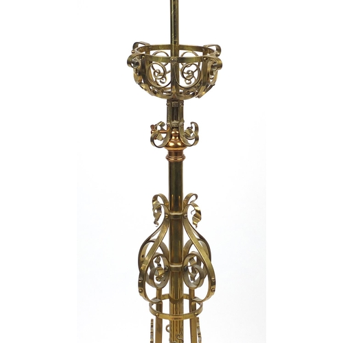 2040 - Edwardian ornate brass adjustable brass standard lamp, with shade, 180cm high