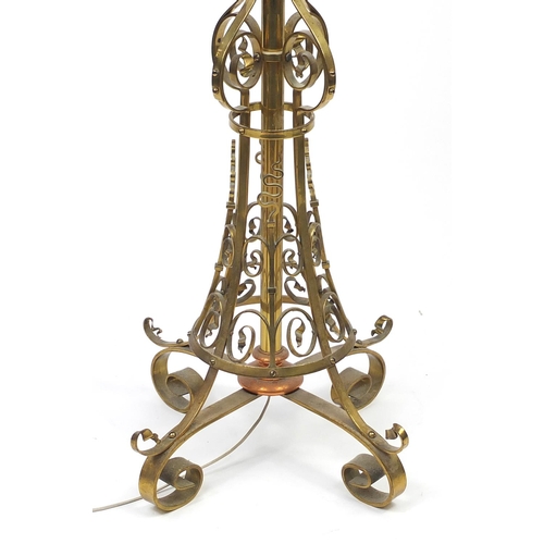 2040 - Edwardian ornate brass adjustable brass standard lamp, with shade, 180cm high