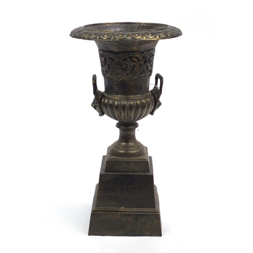 2058 - Bronzed metal campana urn on stand, 86cm high