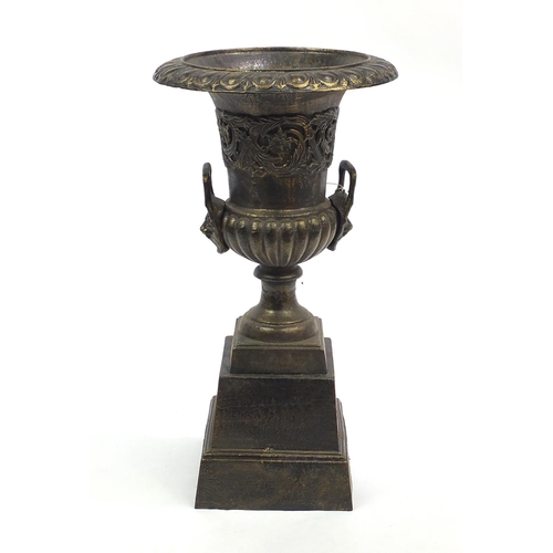 2058 - Bronzed metal campana urn on stand, 86cm high