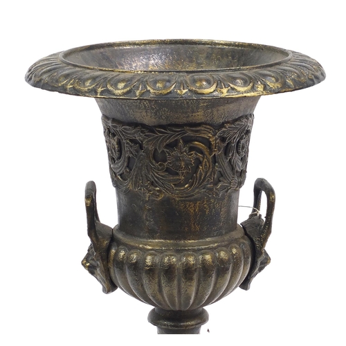 2058 - Bronzed metal campana urn on stand, 86cm high