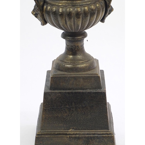 2058 - Bronzed metal campana urn on stand, 86cm high