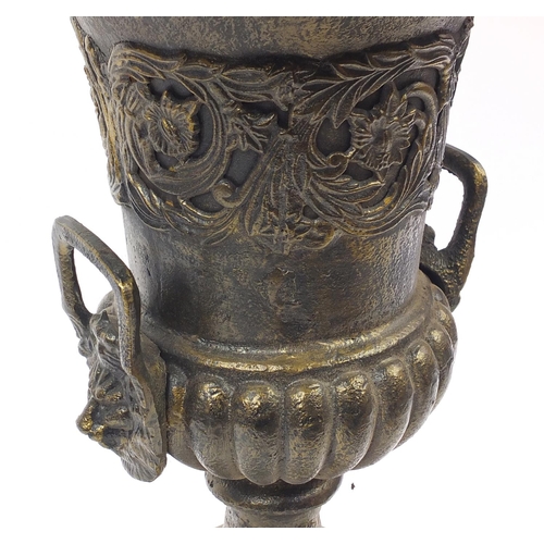 2058 - Bronzed metal campana urn on stand, 86cm high