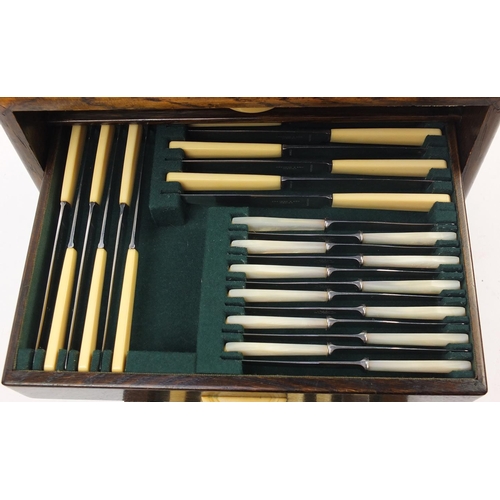 2067 - Good quality Art Deco oak cased canteen of silver plated cutlery with ivorine and Mother of Pearl ha... 