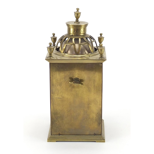 2137 - Brass lantern mantle clock engraved with boats, 22.5cm high