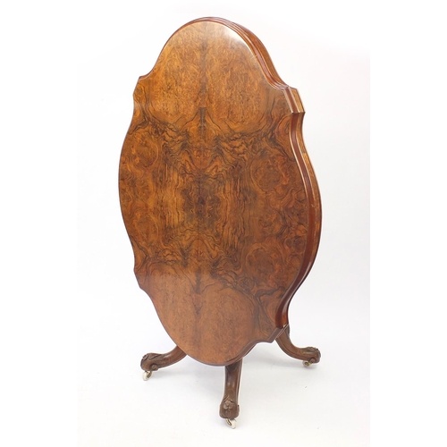 2005 - Victorian burr walnut tilt top table with shaped quartered veneered top, 70cm H x 136cm W x 98cm D
