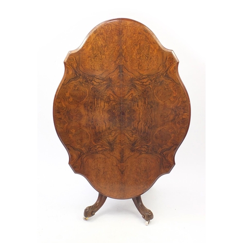 2005 - Victorian burr walnut tilt top table with shaped quartered veneered top, 70cm H x 136cm W x 98cm D