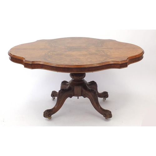 2005 - Victorian burr walnut tilt top table with shaped quartered veneered top, 70cm H x 136cm W x 98cm D