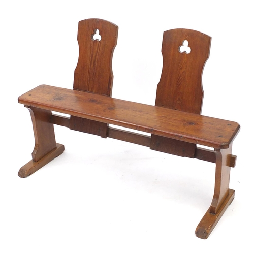 2029 - Arts and Crafts style stained pine two seat hall bench   76cm H x 106cm W x 43cm D