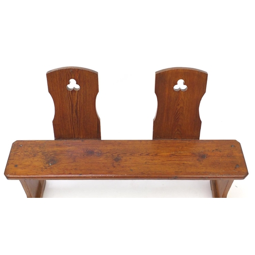 2029 - Arts and Crafts style stained pine two seat hall bench   76cm H x 106cm W x 43cm D