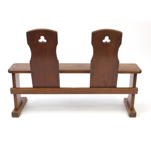 2029 - Arts and Crafts style stained pine two seat hall bench   76cm H x 106cm W x 43cm D