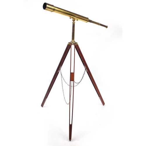 2070 - Floor standing brass telescope with brass and wooden tripod base, by Culpeper instruments Ltd Englan... 