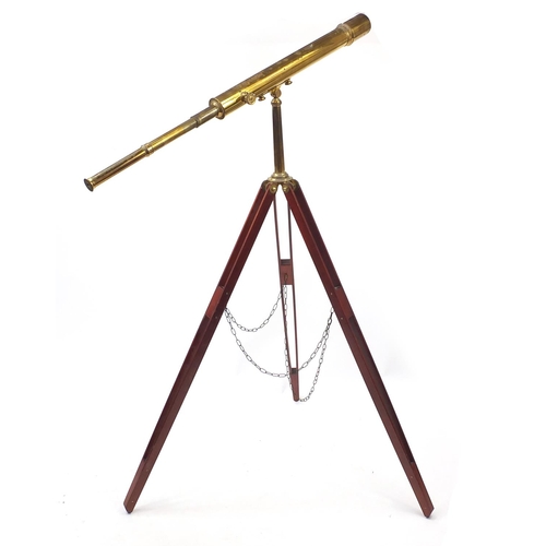 2070 - Floor standing brass telescope with brass and wooden tripod base, by Culpeper instruments Ltd Englan... 