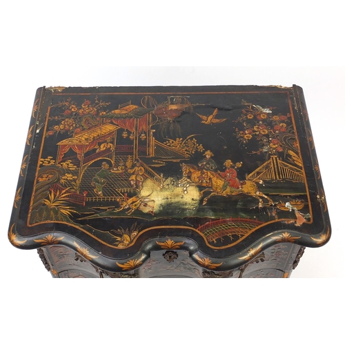 2010 - Chinoiserié black lacquered serpentine fronted two drawer chest, decorated with figures on horse bac... 