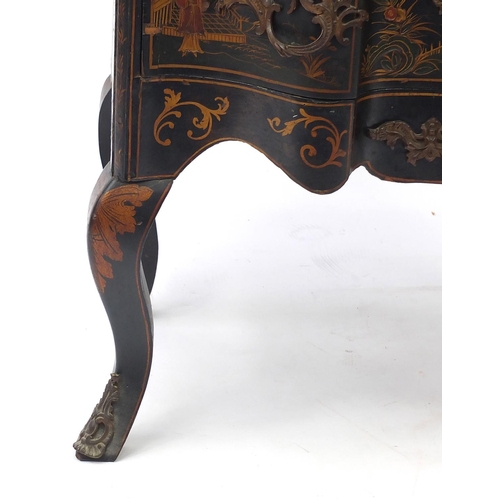 2010 - Chinoiserié black lacquered serpentine fronted two drawer chest, decorated with figures on horse bac... 