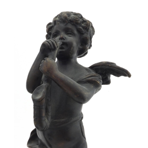 2138 - Pair of bronze cherub musicians raised on circular marbleised bases, the largest 32cm high