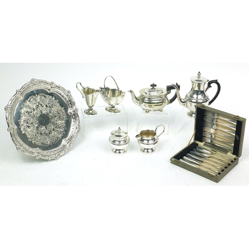 127 - Silver plated items including teapot, coffee pot, fish knives and forks, tray etc