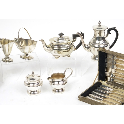 127 - Silver plated items including teapot, coffee pot, fish knives and forks, tray etc