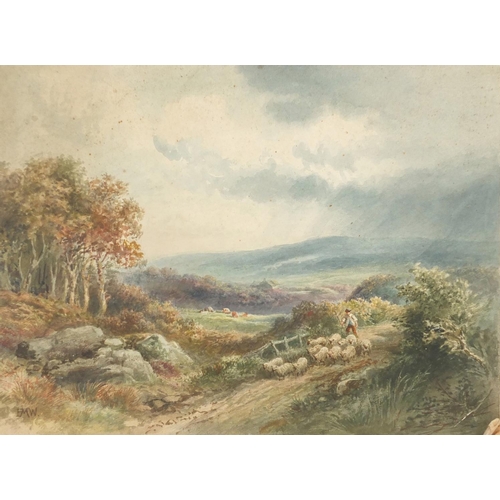 225 - Watercolour on card, shepherd leading his flock, bearing a monogram EMW, 40cm x 28cm