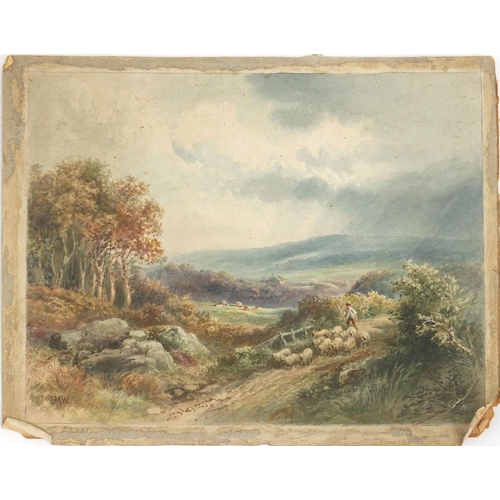 225 - Watercolour on card, shepherd leading his flock, bearing a monogram EMW, 40cm x 28cm