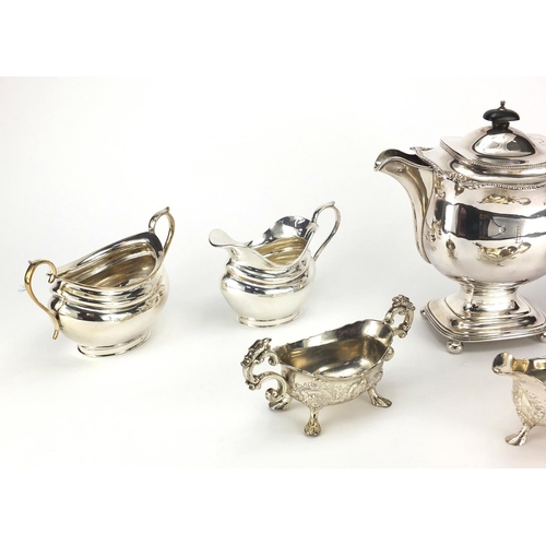 167 - Group of silver plated items including two teapots with ebonised handles