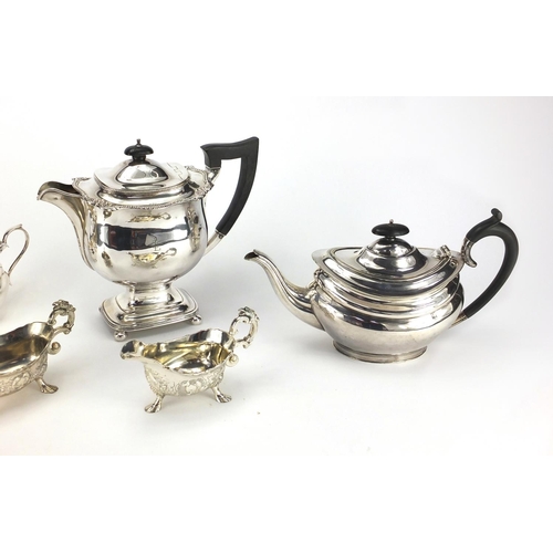 167 - Group of silver plated items including two teapots with ebonised handles