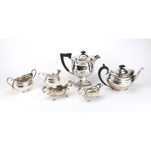 167 - Group of silver plated items including two teapots with ebonised handles