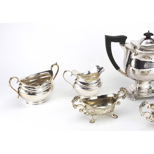 167 - Group of silver plated items including two teapots with ebonised handles