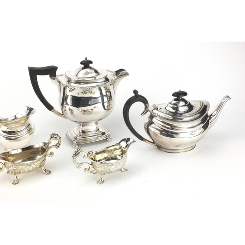 167 - Group of silver plated items including two teapots with ebonised handles