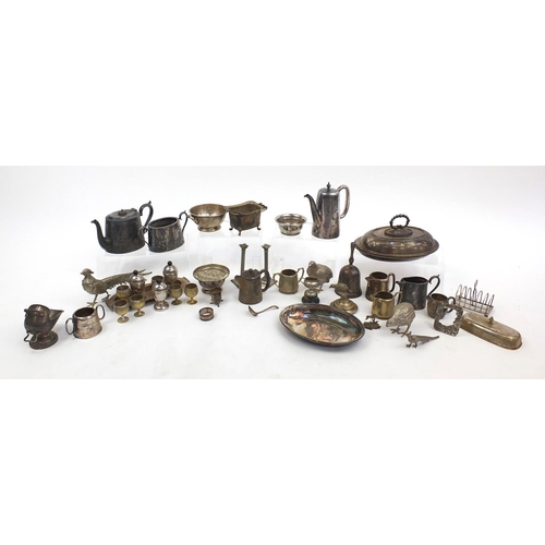 197 - Box of assorted silver plated items including an entrée dish with cover, birds, teapots etc