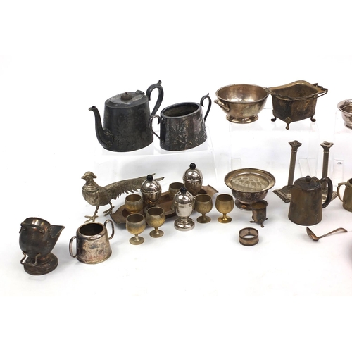 197 - Box of assorted silver plated items including an entrée dish with cover, birds, teapots etc