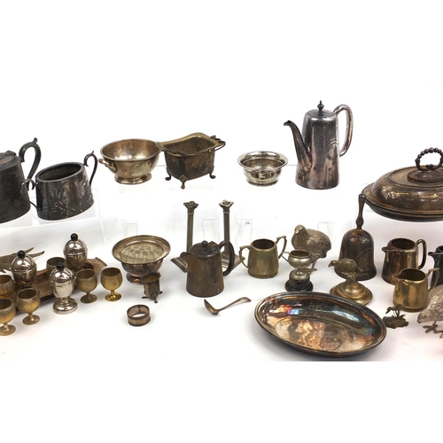 197 - Box of assorted silver plated items including an entrée dish with cover, birds, teapots etc