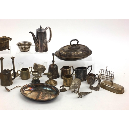 197 - Box of assorted silver plated items including an entrée dish with cover, birds, teapots etc