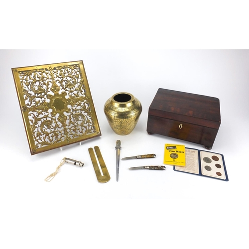 170 - Group of objects including Oriental bronze vase, brass fretwork panel and Victorian workbox