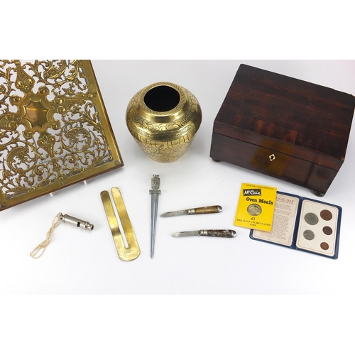 170 - Group of objects including Oriental bronze vase, brass fretwork panel and Victorian workbox