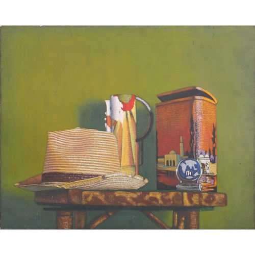 124 - Stephen Alan - Oil on canvas, still life objects, exhibition label and inscription verso, framed, 76... 