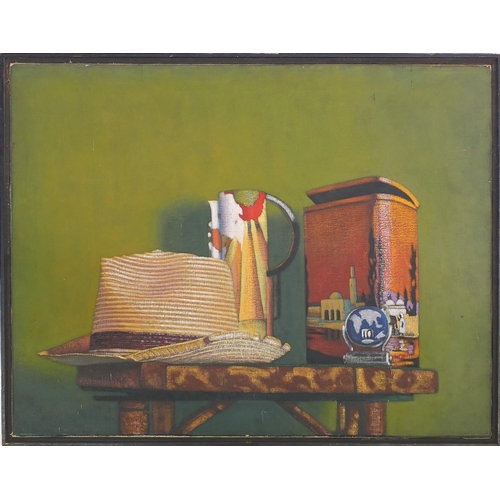 124 - Stephen Alan - Oil on canvas, still life objects, exhibition label and inscription verso, framed, 76... 