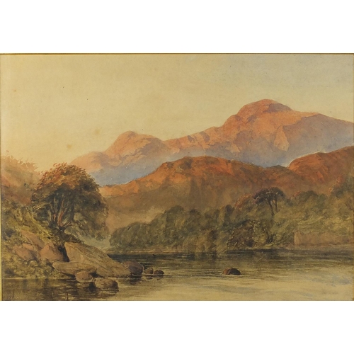 55 - Victorian watercolour on card, river before mountains, gilt mounted and framed, 35cm x 25cm