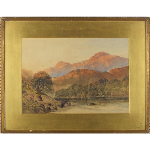 55 - Victorian watercolour on card, river before mountains, gilt mounted and framed, 35cm x 25cm