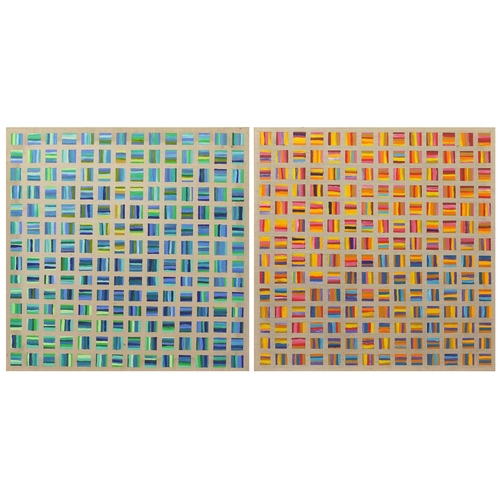 51 - Royton Du Maurier - Lebek, two acrylic on linen abstract compositions, framed, 92cm x 92cm