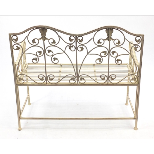 36 - Wrought iron garden bench with scroll arms, 92cm H x 105cm W x 53cm D