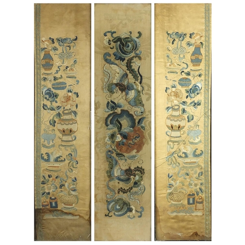 214 - Three Oriental Chinese silk embroideries, approximately 60cm length