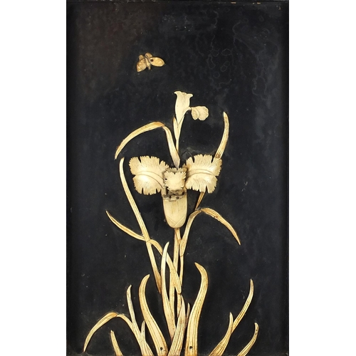 215 - Oriental ebonised wood and carved bone floral panel, 55cm x 37cm