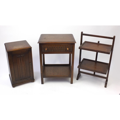 103 - Oak occasional furniture comprising hall stand with under tier, pot cupboard and two tier folding st... 