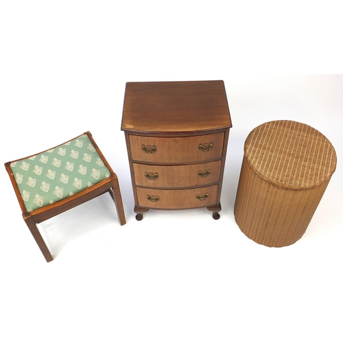 40 - Occasional furniture comprising three drawer bow front chest, oak stool and a Lloyd Loom laundry bas... 