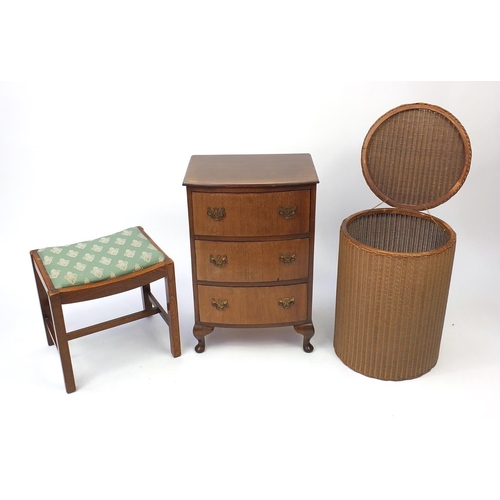 40 - Occasional furniture comprising three drawer bow front chest, oak stool and a Lloyd Loom laundry bas... 