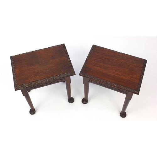 19 - Pair of carved oak workbox tables with hinged lids, 43cm H x 38cm W x 27cm D