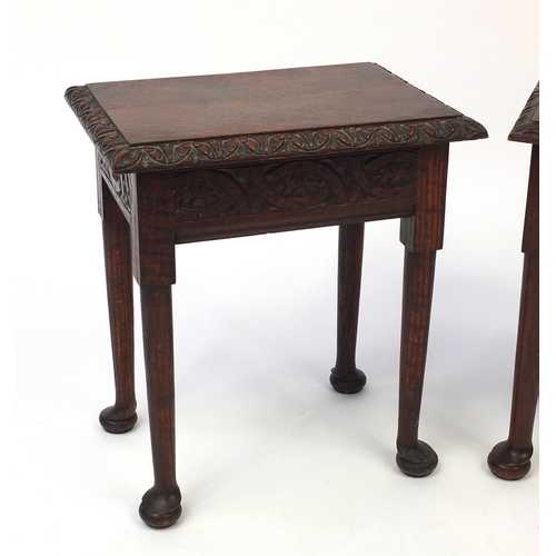 19 - Pair of carved oak workbox tables with hinged lids, 43cm H x 38cm W x 27cm D