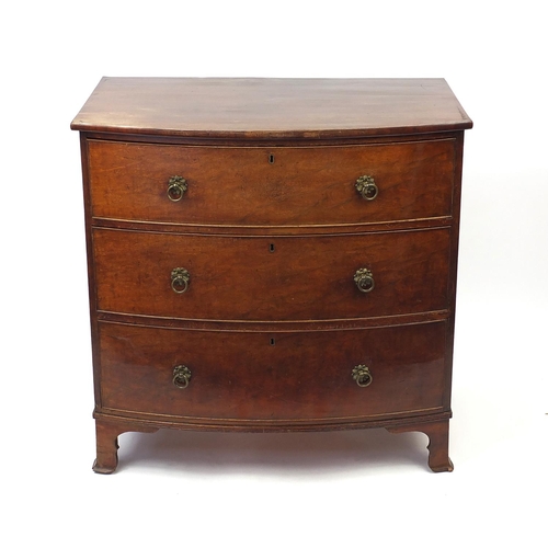 17 - Georgian mahogany three drawer bow front chest raised on bracket feet, 93cm H x 93cm W x 56cm D