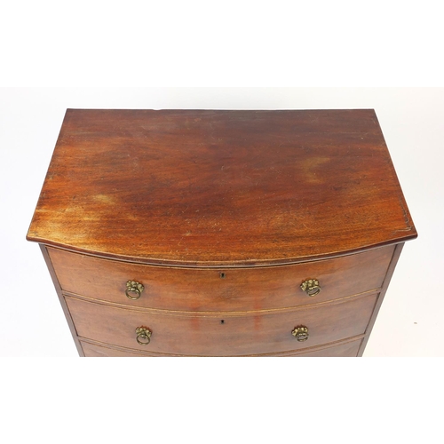 17 - Georgian mahogany three drawer bow front chest raised on bracket feet, 93cm H x 93cm W x 56cm D